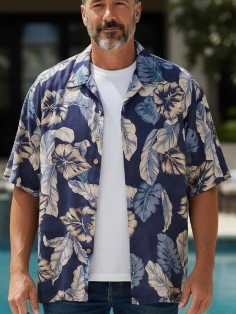 Pussers -Silk Navy Blue Button Up W/Multi Colored Floral Print, Short Sleeve, XL